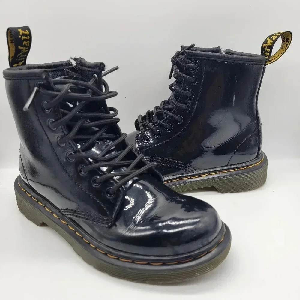 Dr. Martens Kids 1460 J Black Glossy Patent Leather Lace Up Ankle Boots US 12